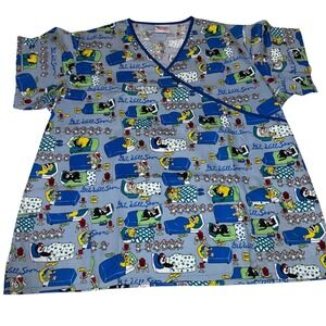 Fashion Scrubs Womens 3XL Blue Get Well Soon Cartoon Print V-Neck Scrub Top Tie